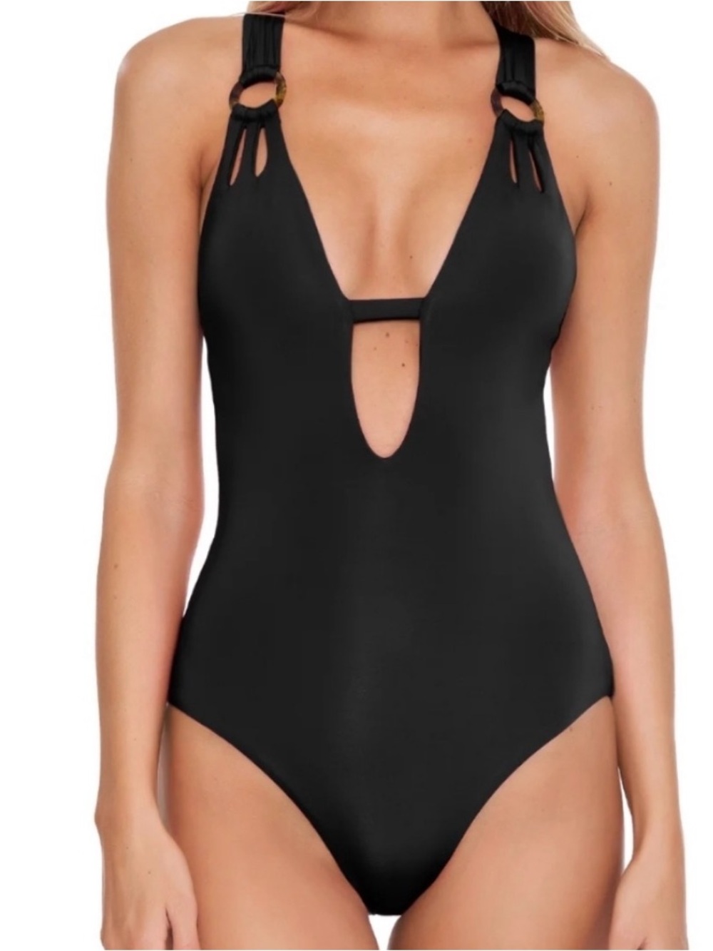 Becca Skylar Plunge Black One-Piece Swimsuit EUC